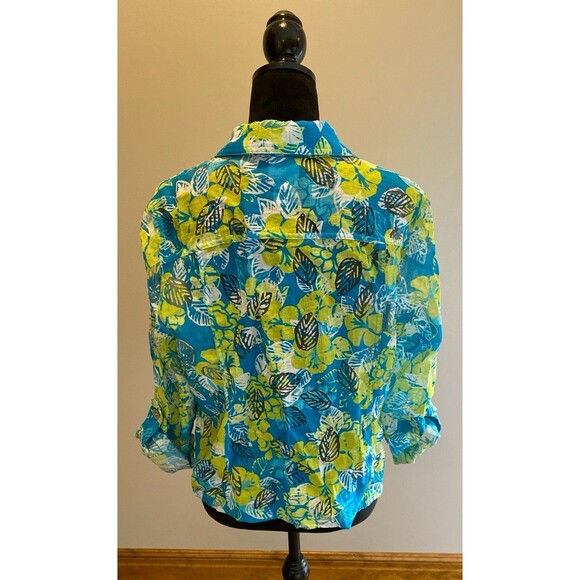 Ruby Rd. Button Down Blouse Sz 14 Turquoise Blue Lime Green Tropical Top Sheer - Picture 5 of 11